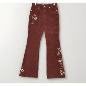 Vintage Y2K 90s Boho Embroidered Corduroy Bell Bottom Pants Maroon Floral Medium